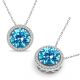 Blue Topaz Halo  Round Gem Birth Stone Pendant Necklace 14K Gold 18